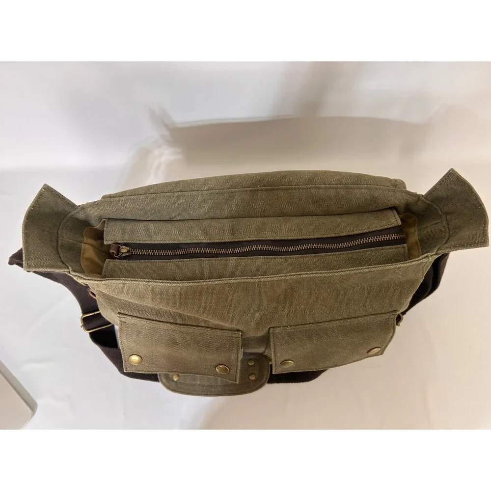 Military Leather Canvas Laptop Bag Messenger Medium Olive Travel Crossbody